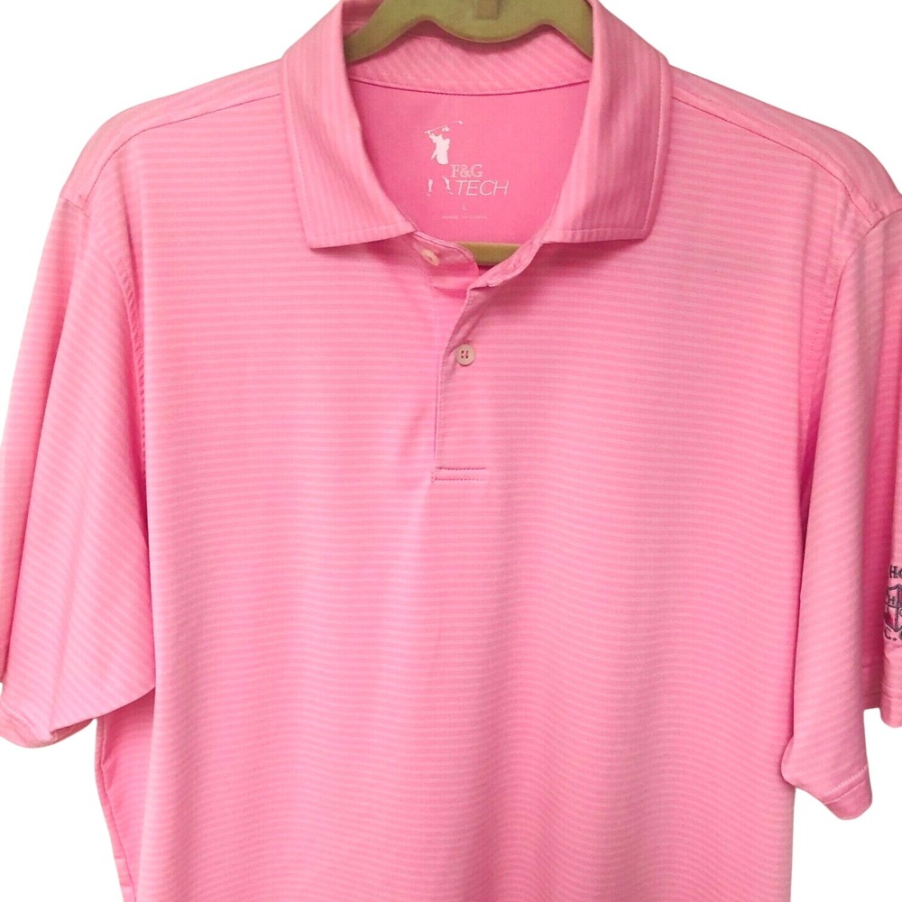 F&G Tech Mens Golf Polo‎ Shirt Pink Striped PLUM HOLLOW Country Club Michigan L